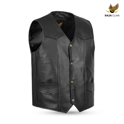 Men's Genuine Classic Black Real Leather Plain Waistcoat Motorcycle Biker Vest — 第 1/4 张图片