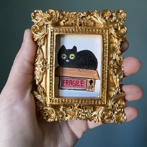 Schwarze Katze, Kätzchen, süß, lustiges Original Miniaturgemälde, klein, Mini - Bild 1 von 5