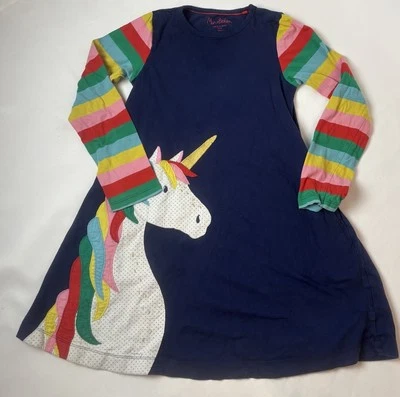 Mini Boden Rainbow Unicorn Applique Dress Girls 9-10 Pockets Long Sleeve Navy - Image 1 of 4