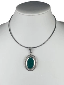 Oval Malachite Pendant Mexico on Sterling Silver 16.25" Snake Chain Necklace VTG - Picture 1 of 12