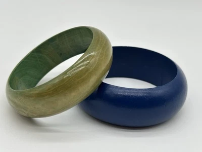 Vintage Blue & Green Wood Bangle Bracelets Boho Lightweight Statement - Image 1 of 4