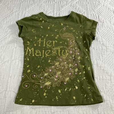 Bongo Girls Size M 5/6 Top Short Sleeve Her Majesty Peacock Graphic Moss Green - Image 1 of 4