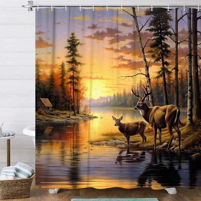 Elk Shower Curtain,Autumn Pine Forest Deer Hunting Scene Bathroom Decor,Wild ... - Image 1 of 4