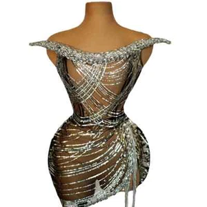 Women Sparkly Rhinestones Sequins Sexy See Through 2PCS Set Dress Stage Wear - Imagen 1 de 10