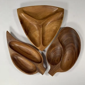 Juego de 3 cuencos de madera de teca bandejas de caramelo para bocadillos cacahuetes exhibición tamaño mediano usado en excelente estado vintage - Imagen 1 de 10