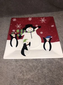 St Nicholas Square Jolly Snowman Square 11” Platter Penguin Snowflakes Red/wht. - Picture 1 of 3