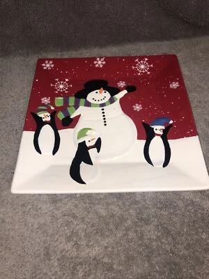 St Nicholas Square Jolly Snowman Square 11” Platter Penguin Snowflakes Red/wht. - Image 1 of 3