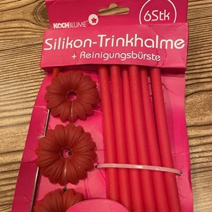 Kochblume Reusable 6 Silicone Straws And Straw Holders Plus Cleaning Brush Pink - Bild 1 von 7