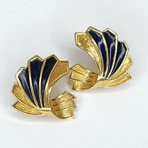 Vintage 80s Enamel Fan Swirl Earrings Blue Goldtone Clip On 1" - Picture 1 of 2