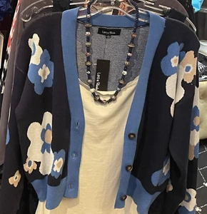 LEO  &  VIOLA - CARDIGAN CROP TOP - BRIGHT  BLUE BLACK WHITE  SIZE L -NWT $119 - Picture 1 of 6