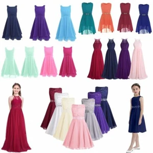 Kids Girls Lace Sequins Chiffon Flower Dress Pageant Wedding Bridemaid Long Gown - Picture 1 of 125