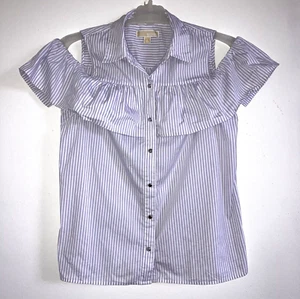 MICHAEL KORS L Purple White Striped Cold Shoulder Logo Blouse Top Cotton Spandex - Picture 1 of 5