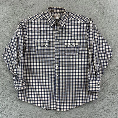 RockMount Ranch Wear Shirt Mens L Blue Plaid Sawtooth 90s Pearl Snap Western USA - Image 1 of 4