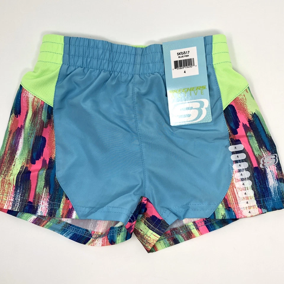 NUEVO CON ETIQUETAS Niñas 4 Pantalones Cortos Skechers Azul Turquesa Arco Iris Atléticos Elásticos K3 Foto 1 de 4