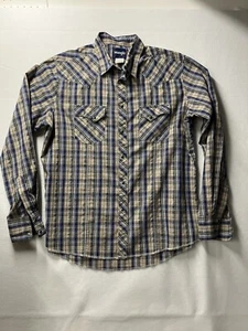 Wrangler Snap Button Plaid Western Shirt Men Size XL Cowboy Western Blue Yellow - Picture 1 of 5