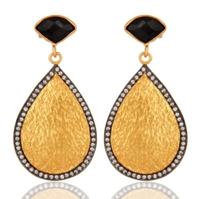 Gold Plated Black Onyx Dangle Earrings Onyx Pear Butterfly Women Earring Jewelry - Image 1 of 4