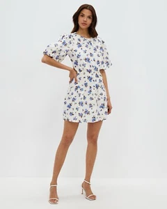 Aere Dress Size AU 16 US 12 Cut Out Linen Mini Blue Floral BNWT - Picture 1 of 12