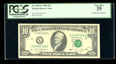 DBR 1990 $10 FRN Dallas Fr. 2029-K PCGS 35 Serial K27287708A - Image 1 of 2