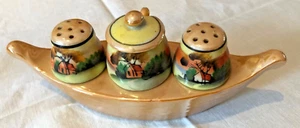 Vintage Lusterware Salt & Pepper Shakers / Condiment Boat Tray Made in Japan NOS - Picture 1 of 3