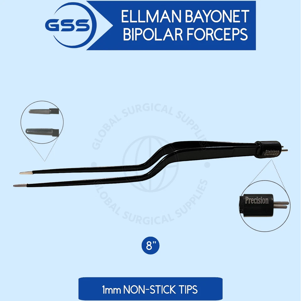 "Fórceps de 8"" con aislamiento bipolar de bayoneta electroquirúrgica - punta de 1 mm, antiadherente" Foto 1 de 1