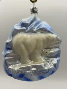 Polar Bear And Cub Blown Glass Glitter Christmas Ornament Germany 4.5”Hx3.5”W - Picture 1 of 8