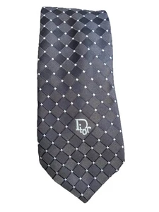 VINTAGE Christian Dior Monsieur Tie Navy Diamond Pattern Logo 80s 90s Poly - Foto 1 di 5