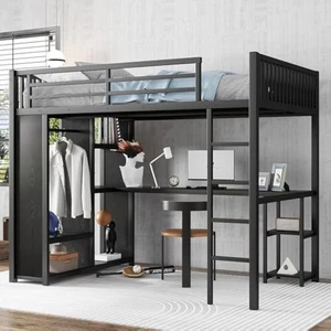 Full xl loft bed with desk & wardrobe, heavy duty metal loft bed with - Picture 1 of 7