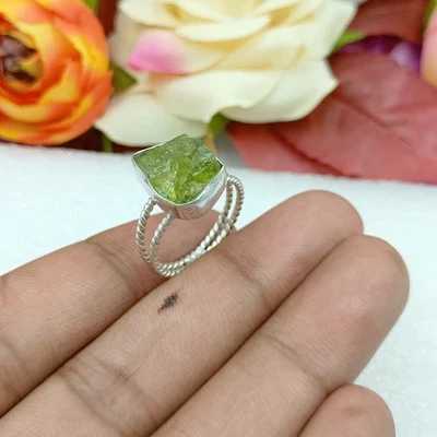 Natural Peridot Rough Gemstone 925 Silver ring Raw Handmade jewelry Gift for Her - Image 1 of 4