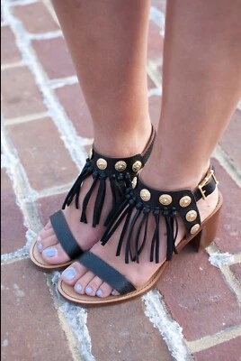 Sandalia Valentino C-Rockee Tachonado Cuero Bloque Tacón Flecos Talla IT 38.5 US 8.5 Foto 1 de 4