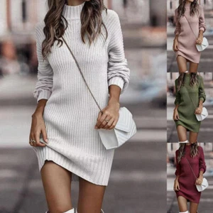 Hot new high necked sweater long sleeved knitted sweater dress for women - Picture 1 of 36