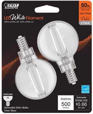Filament LED Bulb G16.5 E12 Soft White 500 lm 3.2"x1.9" Feit BPG1660927WFIL2 - Image 1 of 4