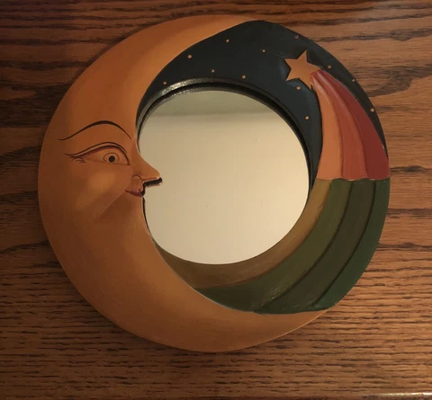 BALI MOON &  SHOOTING STAR  MIRROR 8" Hand Carved & Painted NEW! Cover