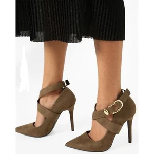 Qupid Khaki Green Cross Strap Goldtone Buckle Stilletto Heel Pointy Toe 6 - Picture 1 of 9