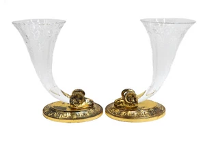 Pair Pairpoint Gilt Silverplate Ram Head Glass Cornucopia Vases circa 1940 - Picture 1 of 7
