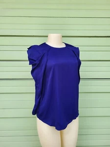 New ZARA SATIN BLOUSE PURPLE NAVY Blue Round neckline long sleeves S #6279B - Picture 1 of 11