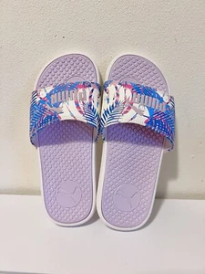 PUMA Size 7 Slippers Athletic Slides Lavender Purple Tropical Leaves Design - Picture 1 of 5
