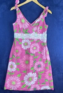 Lilly Pulitzer Linen Sleeveless Sheath Dress Sundress Fuchsia Lace Details Sz 6 - Picture 1 of 7