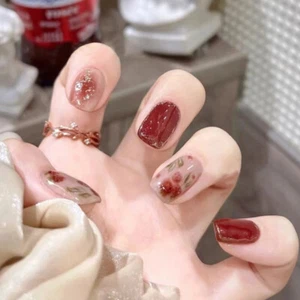 Uñas prensadas de mármol de lámina de oro rojo rosa - puntas translúcidas brillantes rojas azufaifo - Imagen 1 de 5