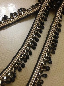 Black Beaded Teardrop Trim Curtain Blind Bead Fringe Trimming 1Yard X 30mm - Picture 1 of 10