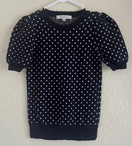 Loft Women's Sweater Top XXS Petite Polka Dots Navy Blue Puff Short Sleeve - Picture 1 of 9