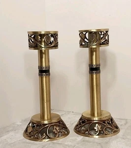 Coppia portacandele Judiah Oppenheim bronzo vintage Shabbat Israele 9" - Foto 1 di 8