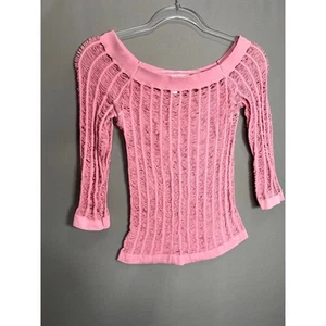 Womens Small Pink Stitchy Off The Shoulder Y2K Top 2000s Bimbo Grunge Whimsy - Picture 1 of 10