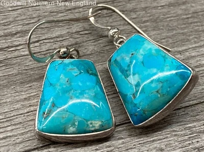 Pendientes de gancho colgantes de plata esterlina color turquesa piedra 1 1/4" x 3/4" 8,34 g Foto 1 de 4