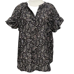 Ophelia Roe Blouse Top Sz L Black White Semi Sheer Short Sleeve Ruffle Boho Chic - Picture 1 of 10