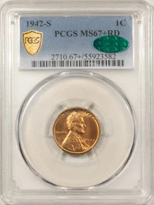 1942-S LINCOLN CENT PCGS MS-67+ RD CAC APPROVED! FIRE ENGINE RED! VIBRANT COLOR! - Picture 1 of 3