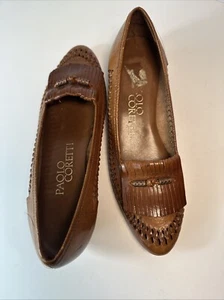 Vintage Paolo Coretti Italian Leather Slip On Loafers Fringe Toe Pump Shoes - Picture 1 of 11