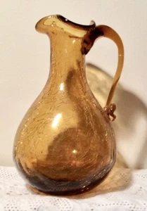 Vtg. Amber Crackle Glass Small Pitcher or Vase Hand Blown Glass Applied Handle - Picture 1 of 4