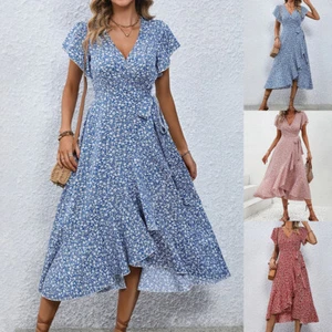 Midikleid Damen Blumen Kurzarm V-Ausschnitt Damen Sommer Urlaub Strandkleider - Bild 1 von 23