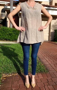 Luna Luz 100% Linen Tan Beige Tunic Blouse Top Size Small - Picture 1 of 10