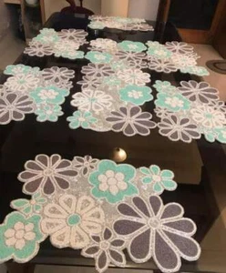 13 Pieces Floral Beaded Dining Set With 1 Table Runner 6 Placemat And 6 Coaster - Picture 1 of 9